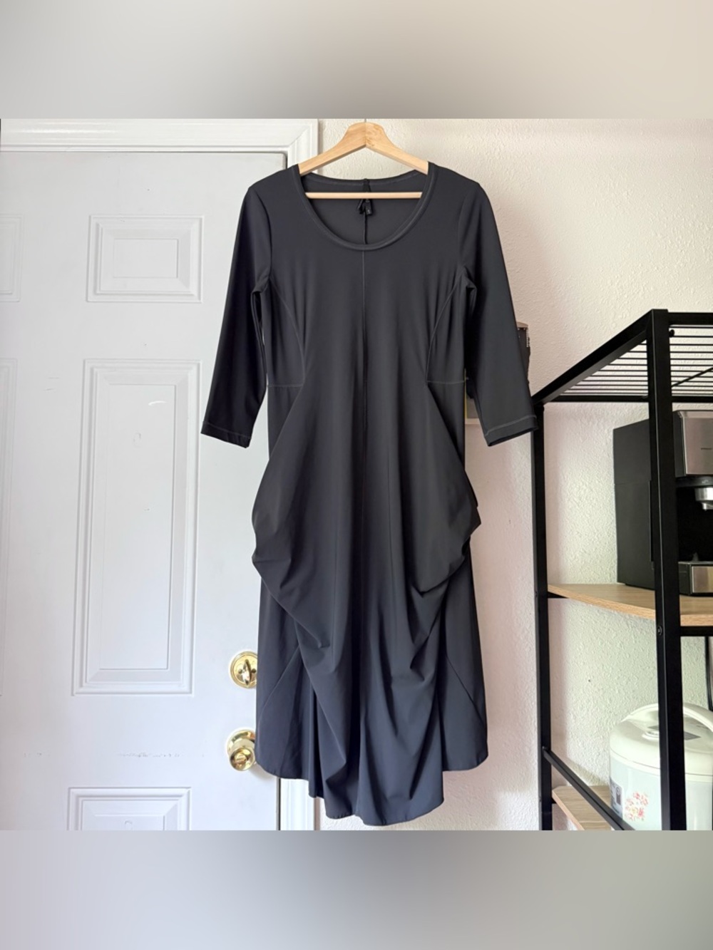 PORTO SF grey charcoal lagenlook draped 3/4 long sleeve crew neck midi dress